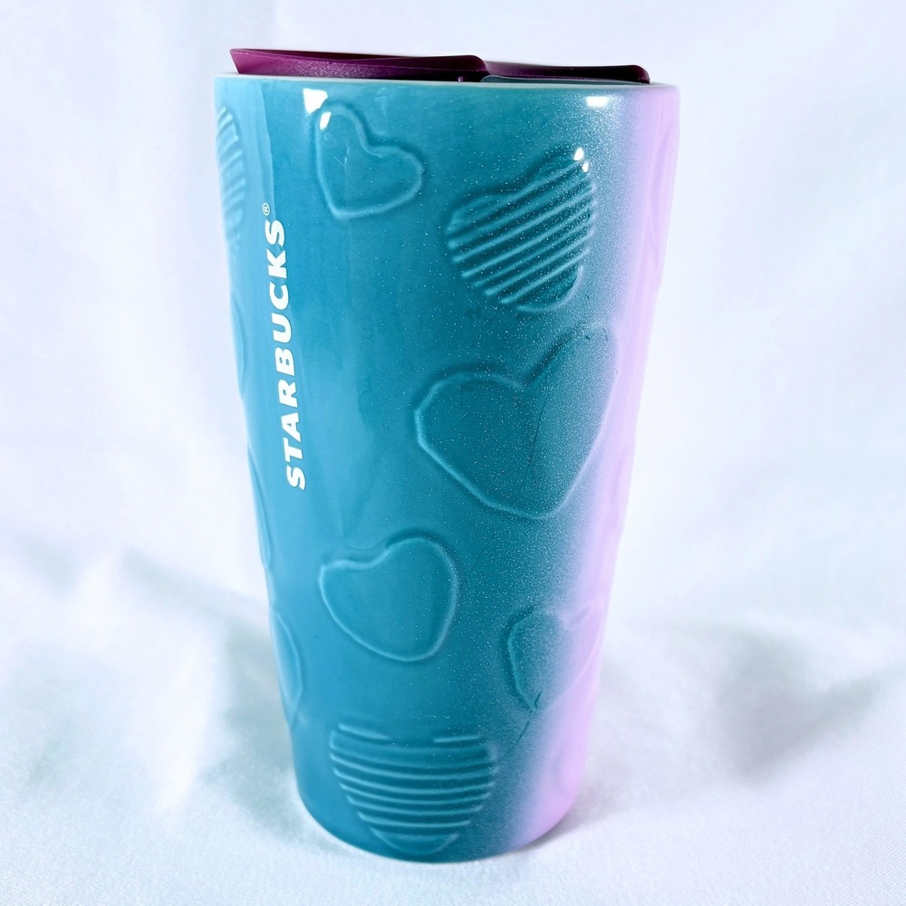 Starbucks Ceramic Travel Tumbler 12oz Teal Pink Ombre Embossed Pattern Hearts‎